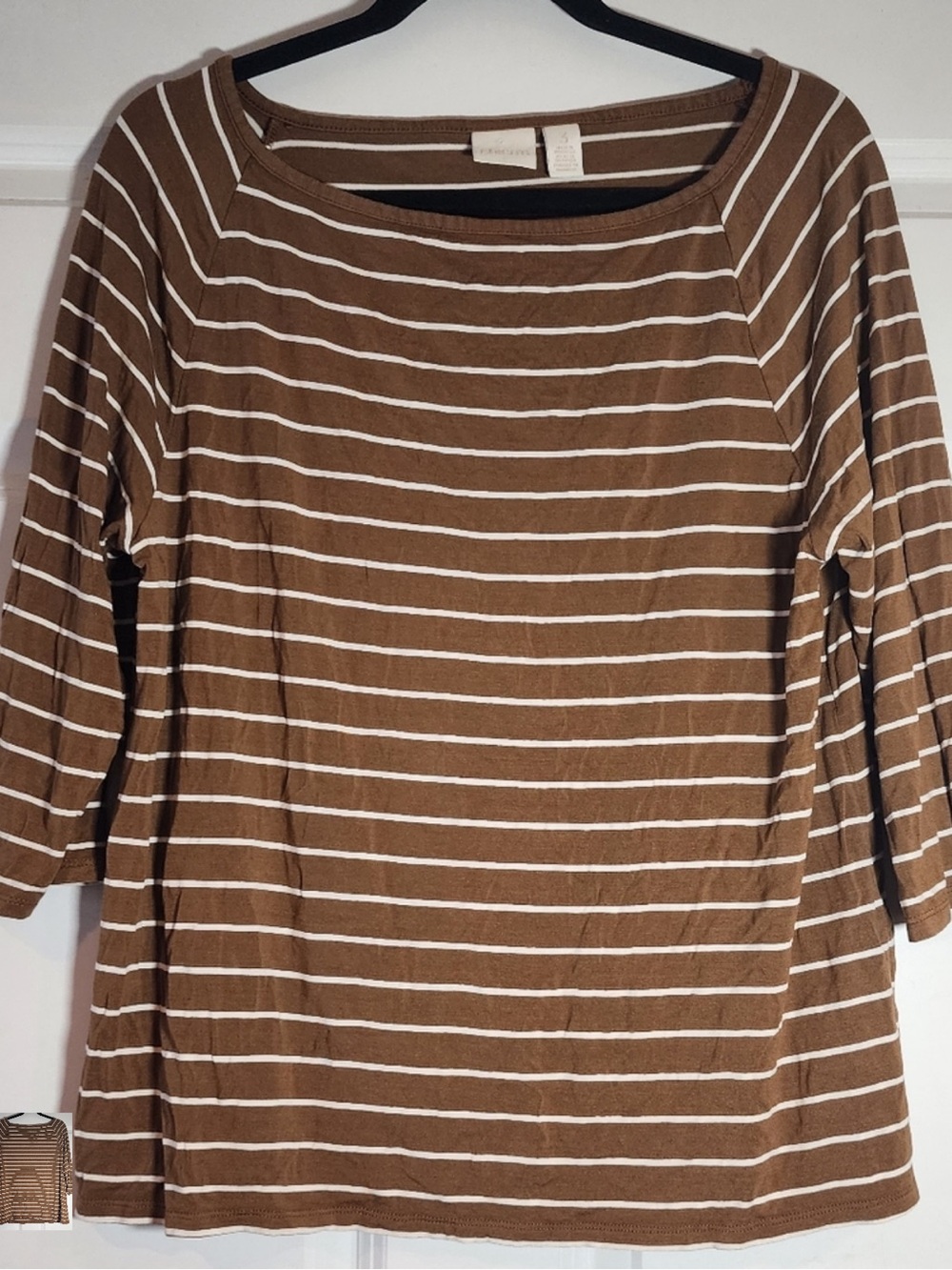 Chico's Brown and White Striped 3/4 Sleeve Top 3 (14-16)